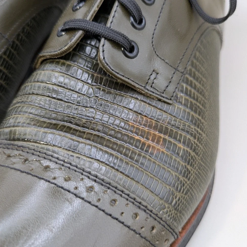 VTG Stacy Adams Madison Olive Green Leather Oxfords Faux Lizard Mens 9.5 D